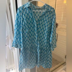 Zara Teal Blue Printed Long Sleeve Shirt Dress